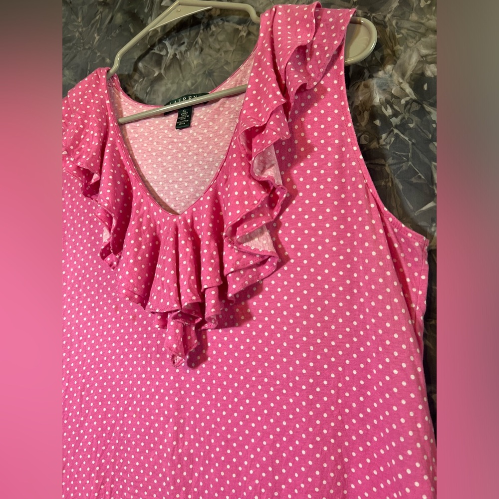 Lauren Ralph Lauren pink & white v-neck ruffle polkadot blouse top XL